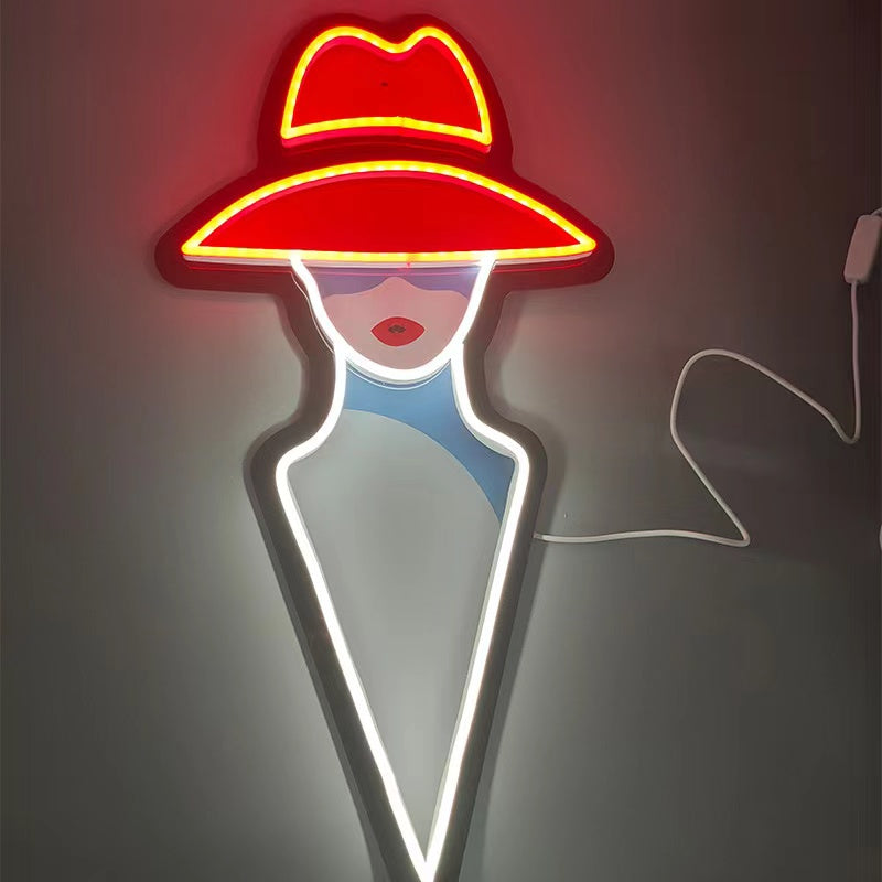 🆕🎁NEW LED Neon Sign -Lady with Red Hat